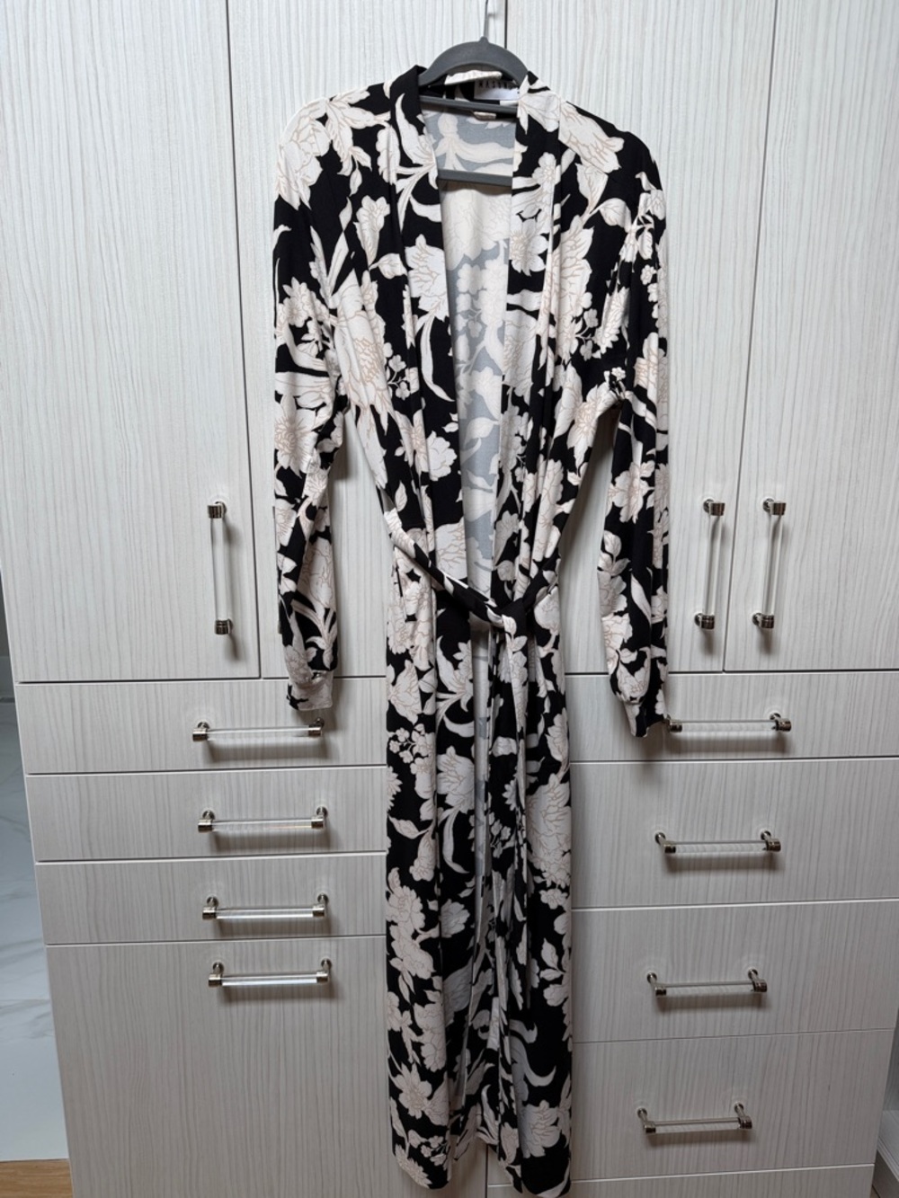 Mason Grey - Black & Cream Floral Long Robe with Belt